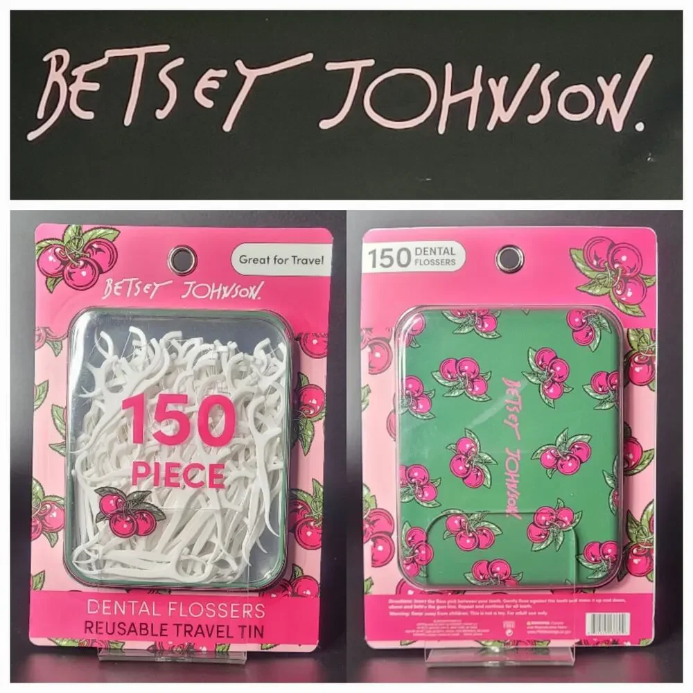 Betsey Johnson 150 Piece Dental Flossers Green Reusable Travel Tin Pink Cherries